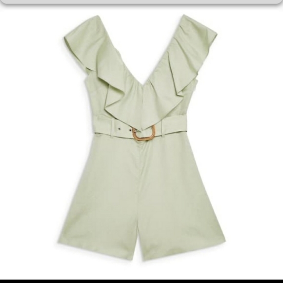 Topshop riviera ruffle frill romper mint green linen belt retro size 8 - Picture 7 of 11